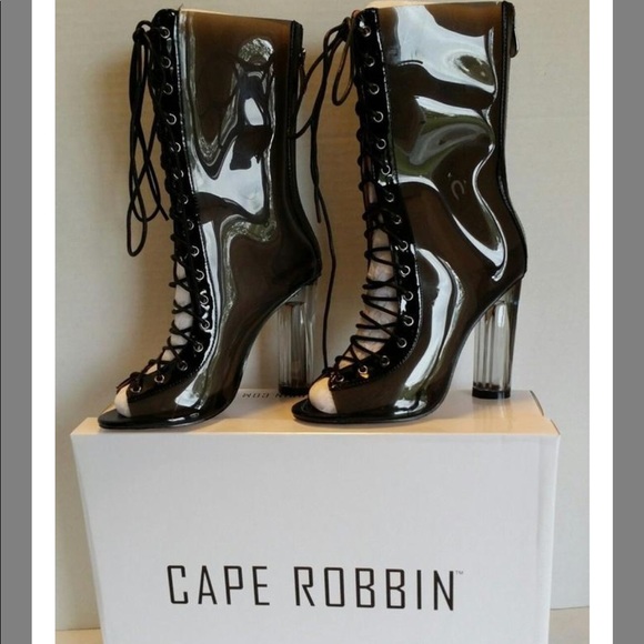 Black Clear Transparent Chunky Heel Lace Up Bootie - Picture 3 of 3